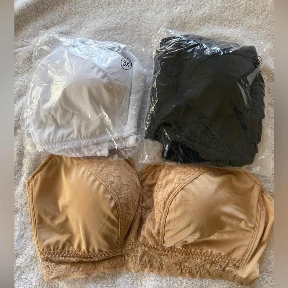 New 3  Bras Rhonda Shear Lace Trimmed White, Black and Tan Bras